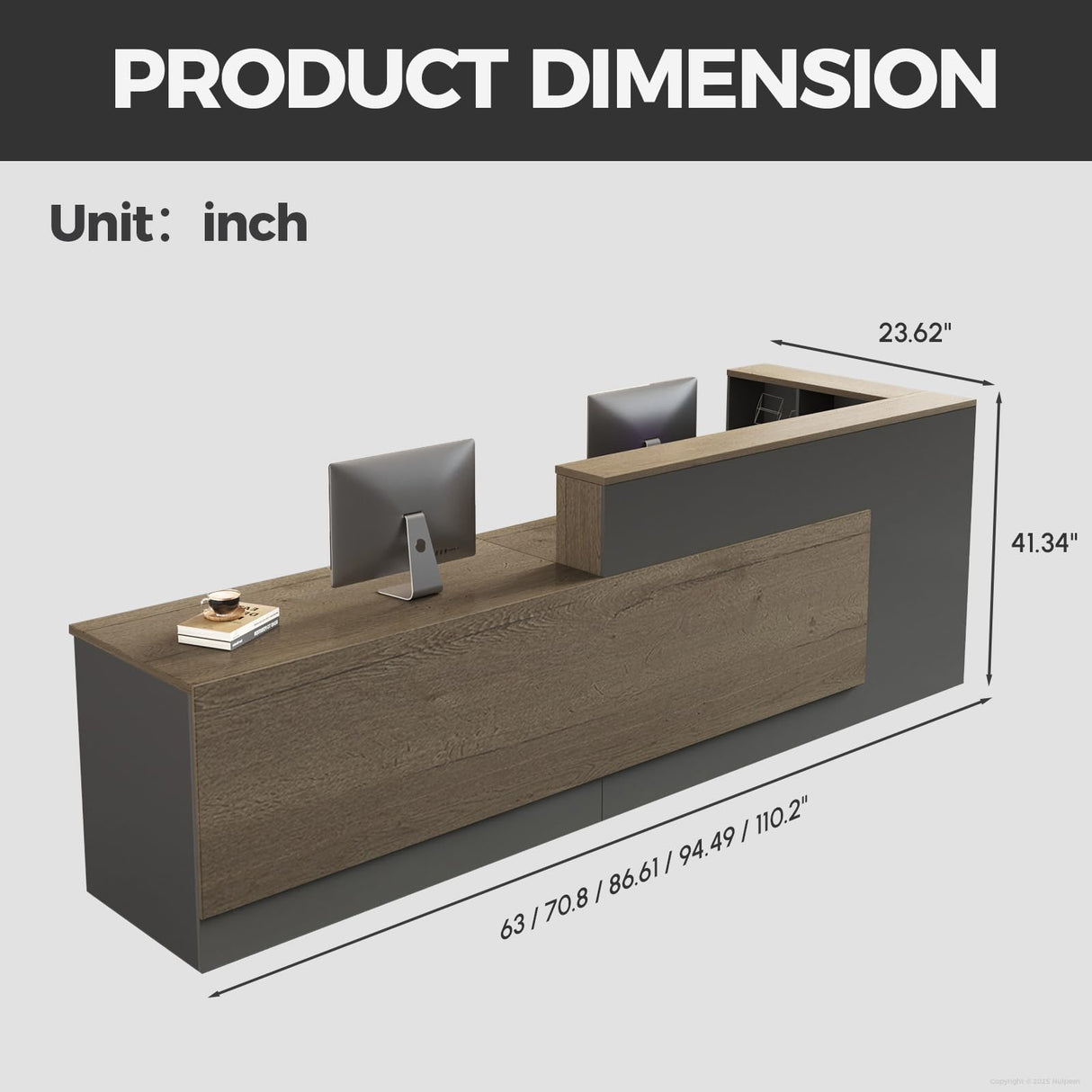 Nuipesn Modern L Shape Reception Desk with Counter – Front Desk Reception Counter with Drawers, Keyboard Tray & Shelves for Office, Salon, Retail, Lobby (Tobacco wood+Iron Gray/Left, 63"L*24"W*41"H) Nuipesn