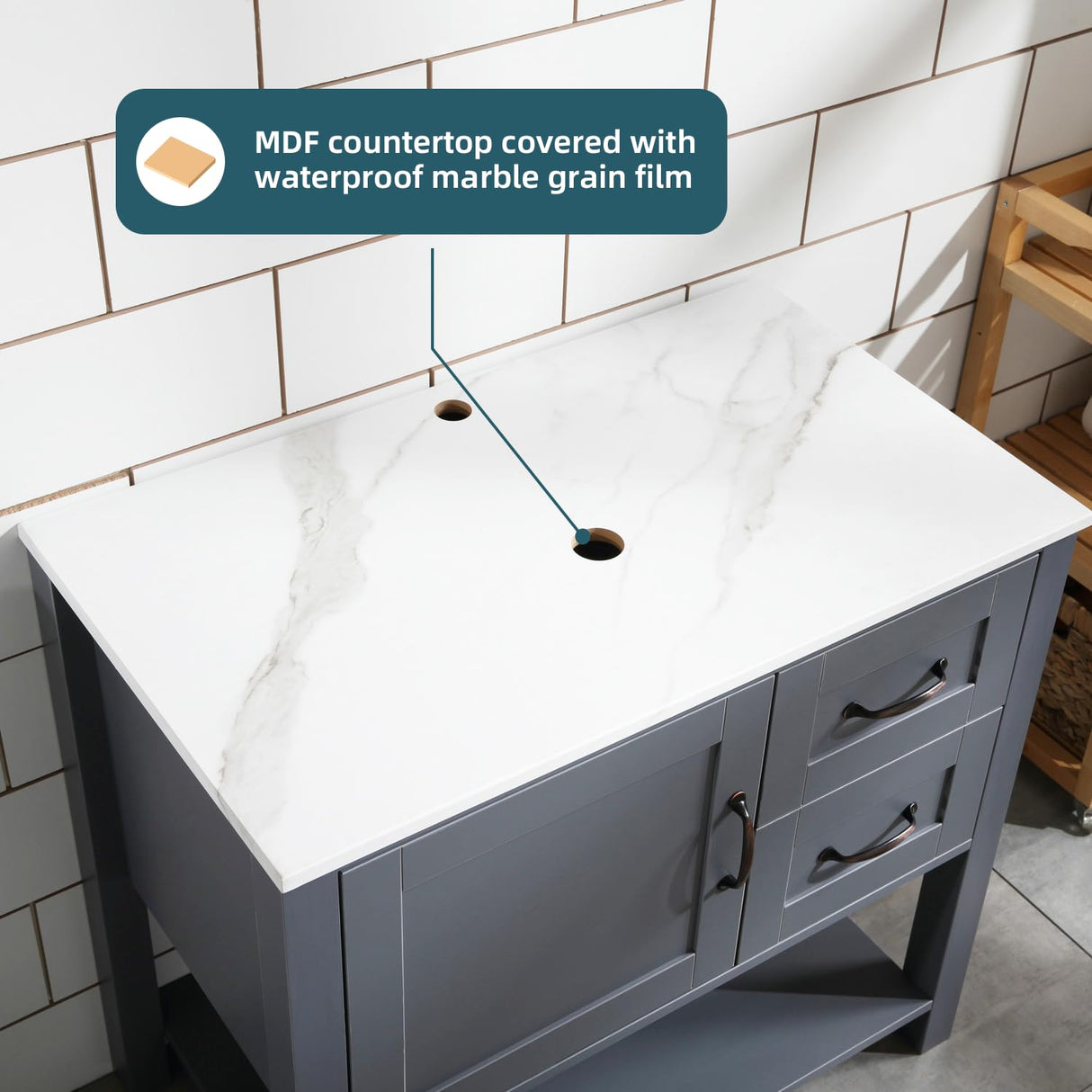 Homecart 30" Bathroom Vanity Cabinet Modern Freestanding Cabinet with Marble Pattern Countertop, Grey, Basin not Included Homecart