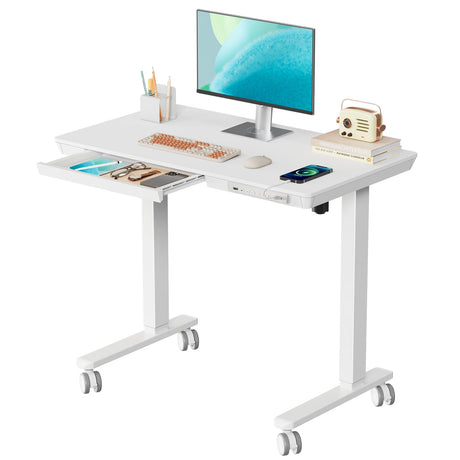JYLH JOYSEEKER Small Standing Desk with Drawer, 35" x 20" Whole Piece Tabletop Electric Sit Stand Desk, Height Adjustable Desk with Storage & USB Ports, Quick Install Home Office Computer Desk, White JYLH JOYSEEKER