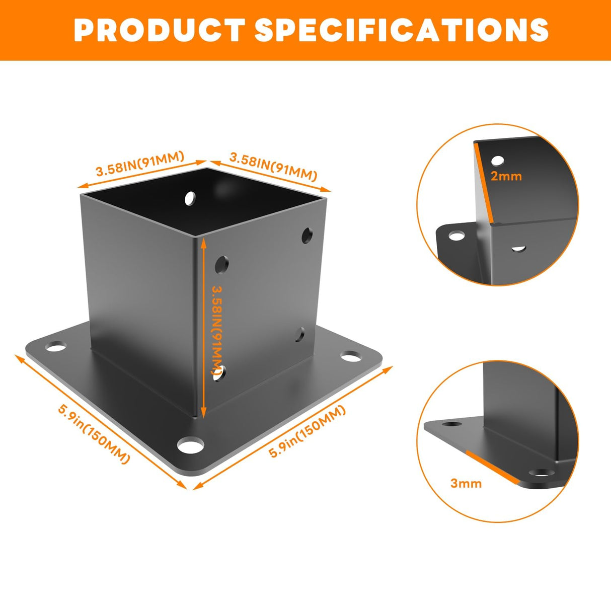 YEOOE 4x4 Post Base, Deck Post Brackets Powder Coated, Inner Size 3.5"x3.5", Heavy Duty Carbon Steel Fence Post Anchor Base for Deck Porch Railing Mailbox Fence Pergola Support (2 Pack) YEOOE