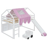 Kids Loft Bed Full Size, Full Loft Bed with Slide and Ladder, Kids House Loft Bed with Storage Shelf and Removable Tent, Full Size Loft Bed for Girls, Boys(Full White Pink) Bellemave
