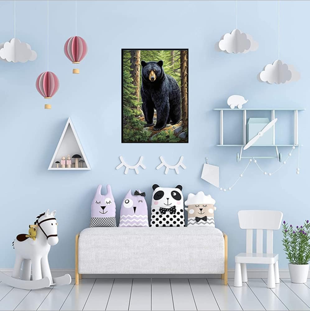 F-CANLAN Round Full Drill Diamond Painting Kit 5D Black Bear Diamond Art Painting by Numbers Bear Diamond Dots Arts Crafts Set for Children Diamond Painting Kit for Adult Room Decor (12X16 inches) F-CANLAN