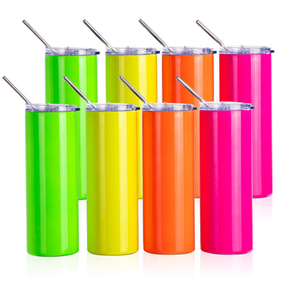 PYD Life 8 Pack Sublimation Tumblers Cups Blanks 20 OZ Skinny Straight Neon Mixed Colors Glossy with Lid and Straw for Tumbler Press Machine Sublimation Oven Sublimation Printing