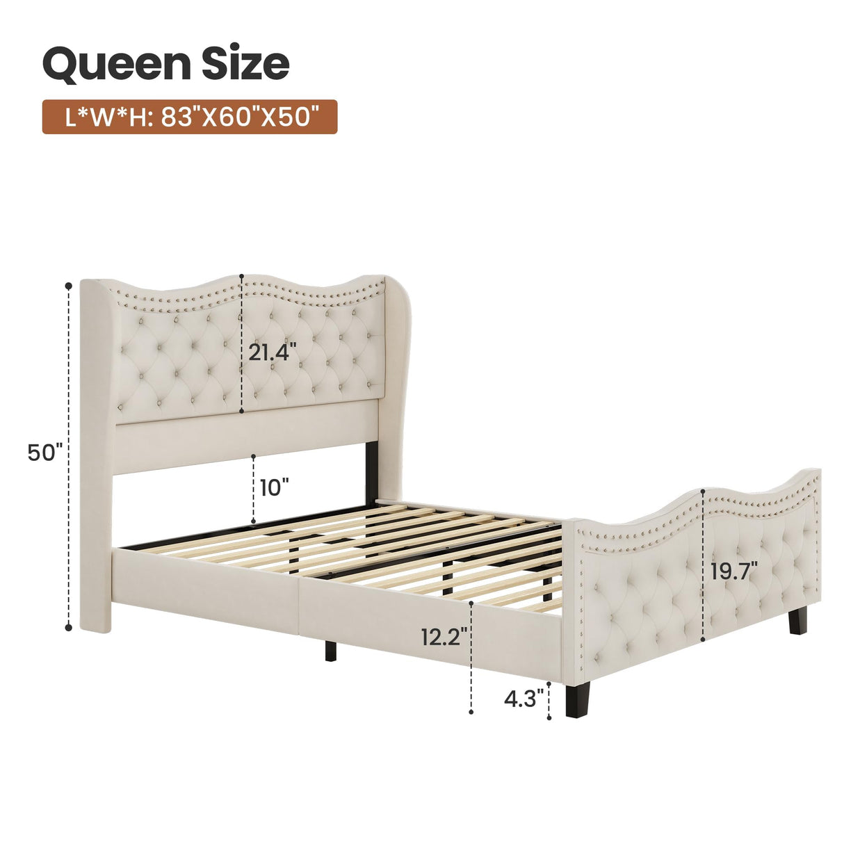 RIHHA Elegant Glam Queen Upholstered Bed Frame with Tall Tufted Wingback Headboard & Footboard – Cream Beige Velvet Platform Bed, Sturdy & Noise-Free, No Box Spring Required, Easy Assembly RIHHA