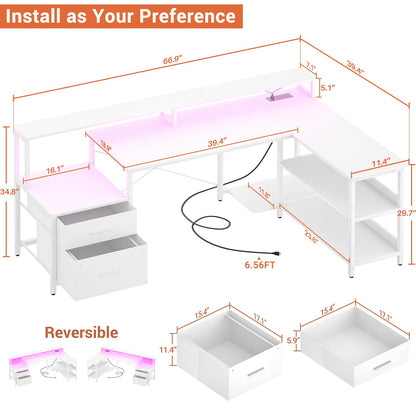 Aheaplus L Shaped Desk with File Drawer, 66" Reversible L Shaped Computer Desk with Power Outlet & LED Strip, Gaming Desk with Long Monitor Stand, Office Desk Corner Desk with Storage Shelf, White