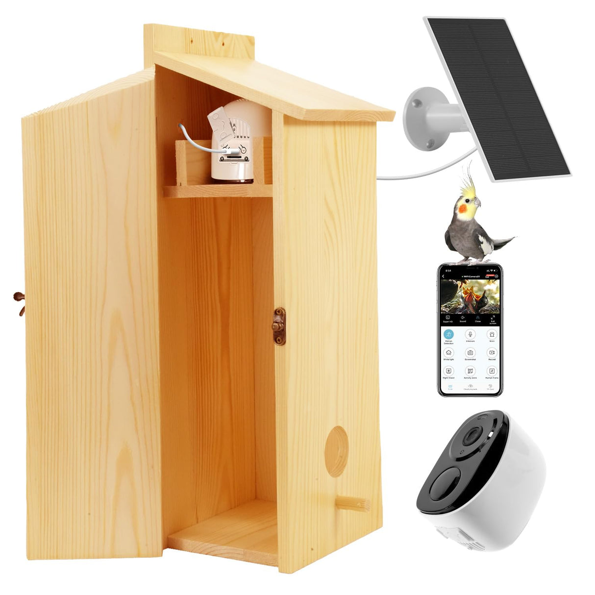 FlyGift Bird House with Camera - Smart Bird Nest with 1080P HD Full Color Night Vision Bird Cam, 2.4G WiFi & App Notify Solar Powered with Nest Auto Capture Photo & Video, Ideal Gift for Family FlyGift