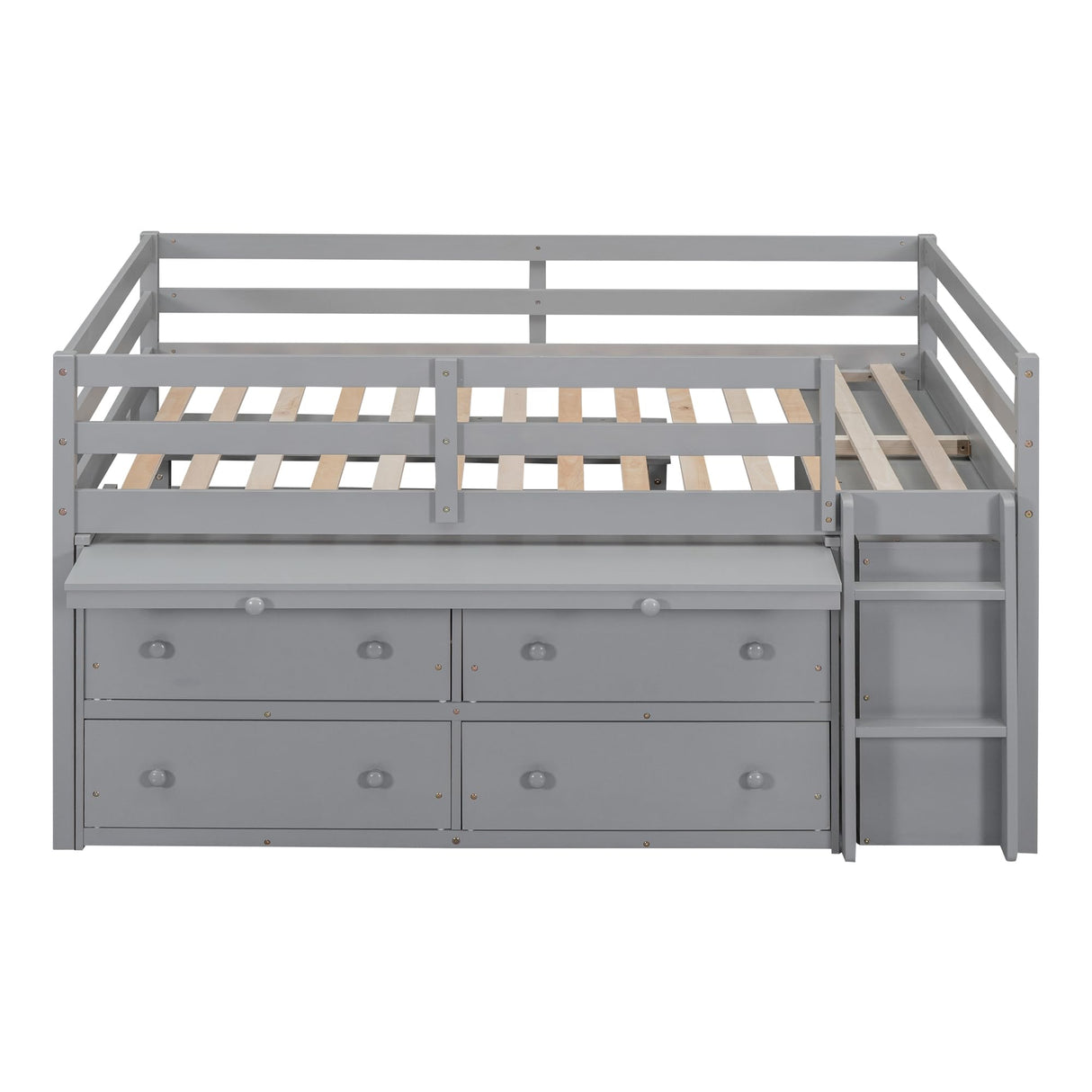Kids Full Low Loft Bed with Storage, Full Size Loft Bed with Portable Desk and 4 Drawers, Wood Full Loft Bed with Shelves, Modern Farmhouse Junior Loft Bed for Kids Boys Girls, Gray Harper & Bright Designs
