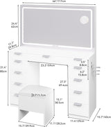 YITAHOME 46'' Vanity Desk with Large LED Lighted Mirror & Charging Ports, 11-Drawer Makeup Table Set with Storage Stool for Dressing Room, 3 Lighting Modes Brightness Adjustable, White Finish YITAHOME