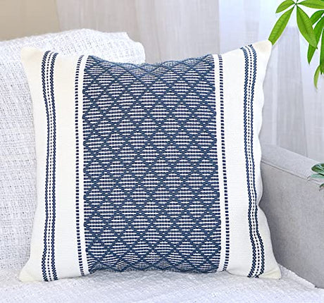 Oveesha Cotton Woven Designer Throw Pillow Cover (Color: Navy Blue/Cream White, 20 x 20 inches) Single Piece/Square Geometric Cushion Cover Oveesha