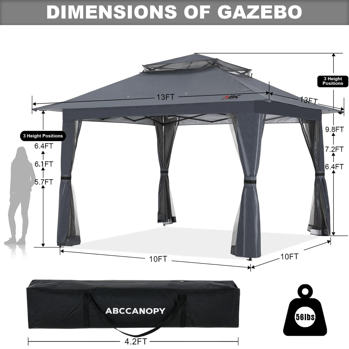 ABCCANOPY 13x13 Pop Up Gazebo, Outdoor Canopy Tent, Instant Screened Shelter with Mosquito Netting for Patio, Garden, Backyard, Party, Camping (Dark Gray) ABCCANOPY