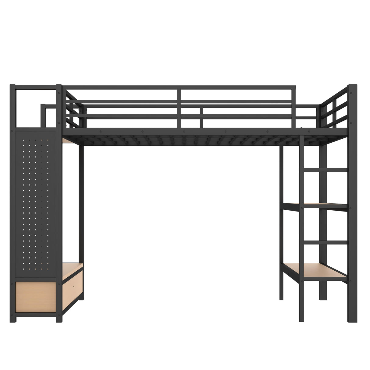 Bellemave Queen Size loft Bed with Wardrobe and Storage Shelves and Pegboard Drawers, Metal Queen Loft Bed Frame for Adults, Kids, Teens, Black Bellemave