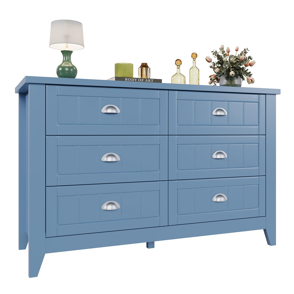 Cakhdry Dresser for Bedroom, 6 Drawer Dresser, Wide Chest of Drawers for Closet,TV Stand with Sturdy Frame and Wood Top, Easy Pull Handles for Clothes, Living Room, Hallway, Entryway,Light Blue Cakhdry
