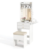 CHARMAID Small Vanity Desk with Mirror and Lights, Makeup Vanity Table with Charging Station, Drawers, Shelves, Foldable Side Table, Compact White Dressing Table with Storage Chair for Small Space CHARMAID