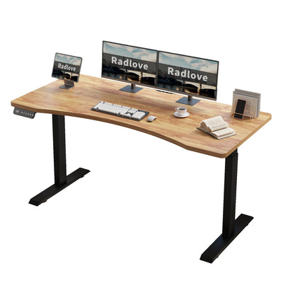Radlove Dual Motors Height Adjustable 63 x 30 Electric Standing Desk with Curved Design Stand Up Table 4 Memory Keys, Computer Desk with Splice Board Home Office Desk, Light Brown Top + Black Frame
