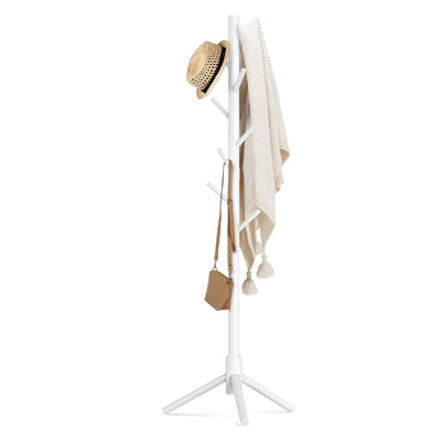 Haddockway Wooden Coat Rack Stand with 8 Hooks New Zealand Pine 3 Adjustable Coat Standing Tree Easy Assembly for Coats, Hats, Scarves and Handbags for Entryway, Hallway, Bedroom, Office, white