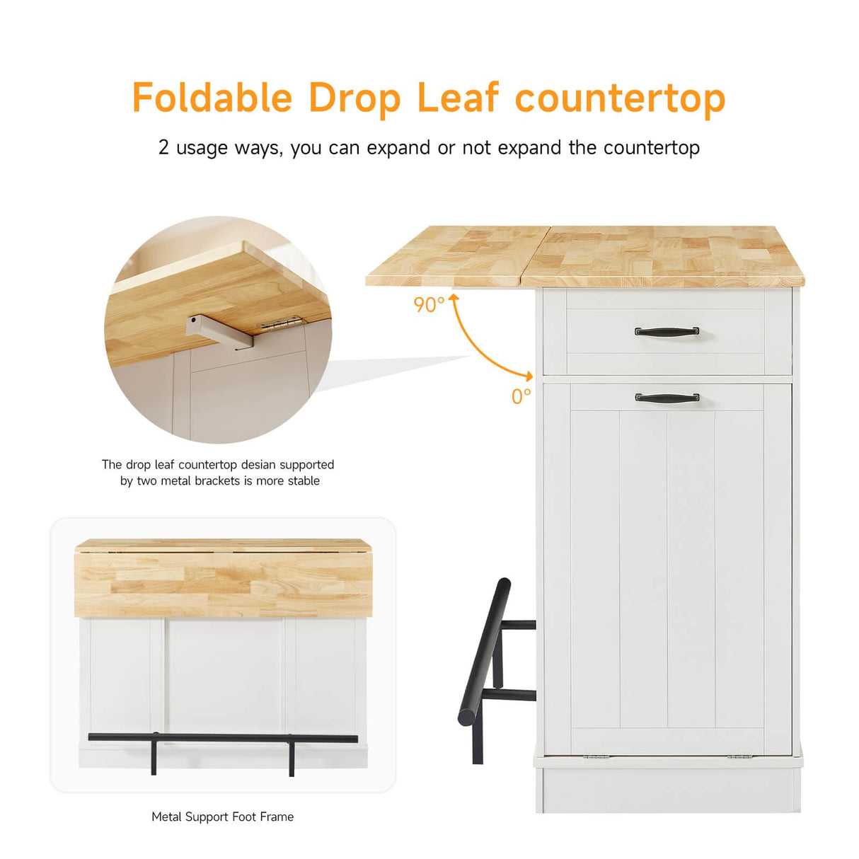 ONBRILL Stationary Kitchen Islands Include 2 Chairs, 47" Kitchen Island with Drop Leaf, Home Bar Table with Spice Rack & with Trash Cabinet, Island Table for Dining Room with Power Outlet, White ONBRILL