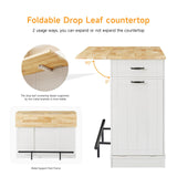 ONBRILL Stationary Kitchen Islands Include 2 Chairs, 47" Kitchen Island with Drop Leaf, Home Bar Table with Spice Rack & with Trash Cabinet, Island Table for Dining Room with Power Outlet, White ONBRILL