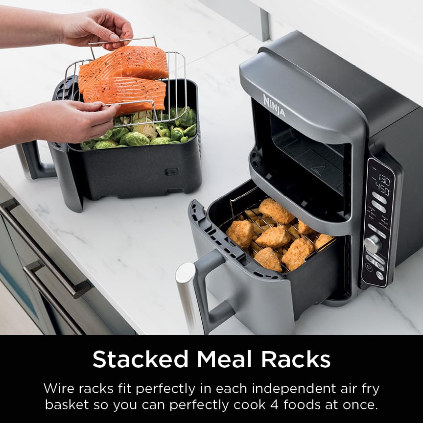 Ninja SL401 DoubleStack XL 2-Basket Air Fryer, DoubleStack Technology Cooks 4 Foods at Once, Compact Design, 10 QT, 6-in-1, Smart Finish & Match Cook, Air Fry, Broil, Bake, Easy Meals, Easy Clean,Grey Ninja