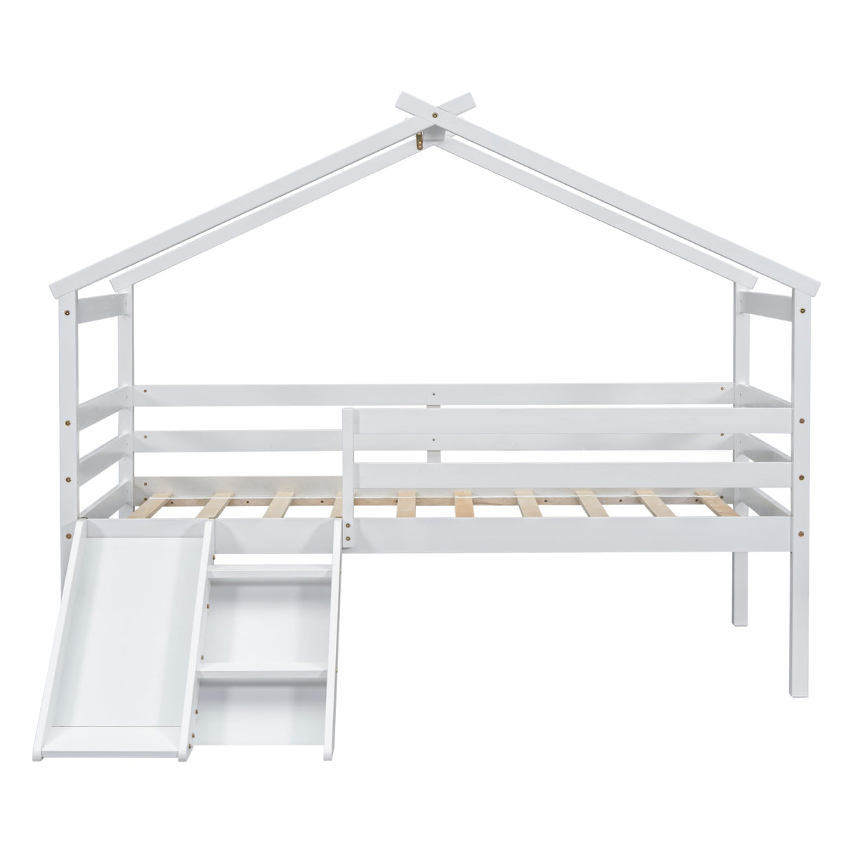 PVWIIK Twin Size Low Loft Bed with Slide for Kids,Girls,Boys Bedroom,Wood House Roof Frame with Inclined Ladder,Easy to Assemble,Under Bed Storage,No Box Spring Needed,White PVWIIK