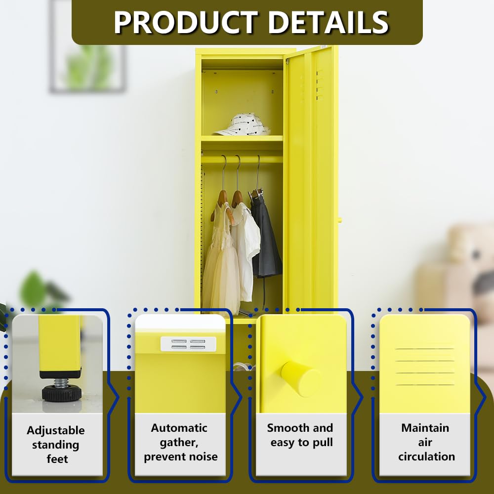 DAYTOYS Metal Srorsge Cabinet for Kids Bedroom, School Classroom,Office, Home-Kids Lockers Cabinet with 2 Shelves and Hanging Rod-Stackable Steel Storage Cabinet for Home (Yellow) DAYTOYS