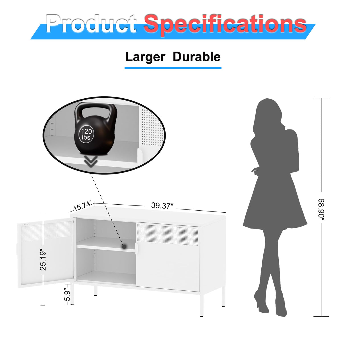 2 Door Storage Sideboard, Metal Storage Cabinet with 2 Adjustable Shelf,Multipurpose Metal Accent Cabinet for Office Home,Music Studio (White, 25''H) Washsemba