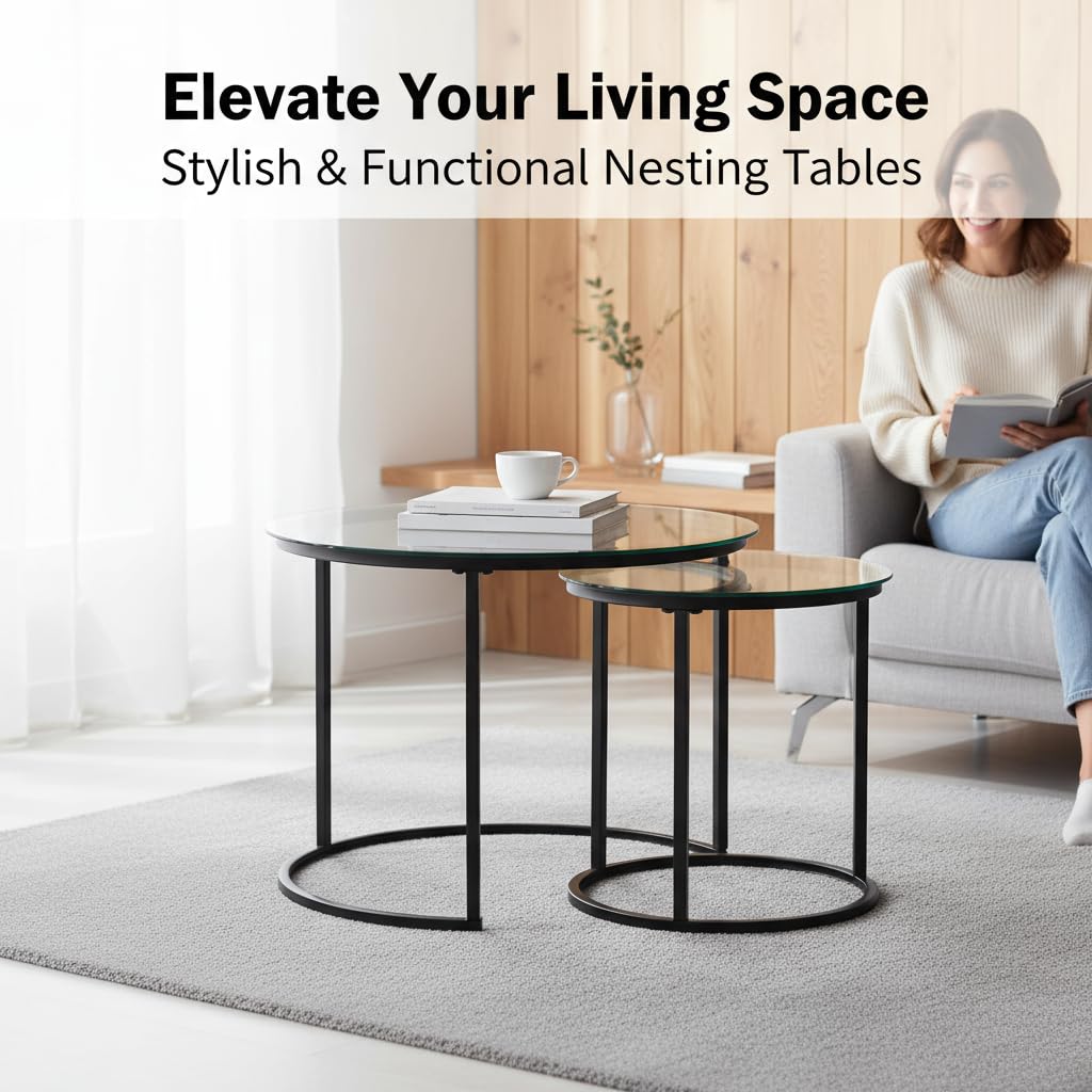 Round Nesting Coffee Table Set of 2, Modern Glass Nesting Tables, Stacking Minimalist End Table for Living Room Bedroom Small Space, Clear Tempered Glass and Black Cuizehua