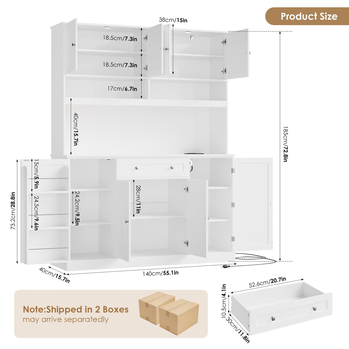 HIFIT 72.8” Tall Kitchen Pantry Cabinet with LED & Charging Station, 55” Wide Farmhouse Pantry Storage Cabinet with Microwave Stand&Shelves&Barn Doors, Kitchen Hutch Coffee Bar for Living Room, White HIFIT