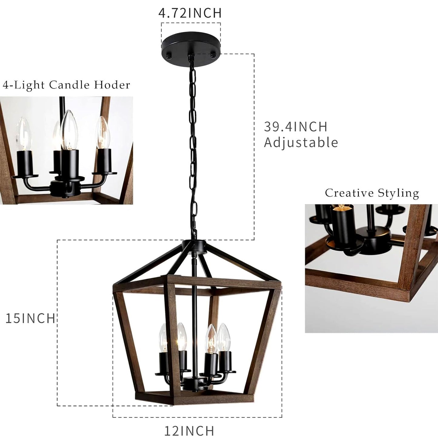 TELAFLY 4-Light Lantern Pendant Light,Black Wood Cage Farmhouse Chandelier for Kitchen Island,12'' Rustic Metal Geometric Hanging Lighting Fixture for Kitchen Island Dining Room Bedroom Foyer Entry