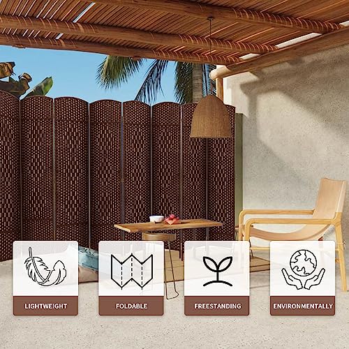 Duraspace 8 Panels Room Divider 6 FT Tall Weave Fiber Privacy Screen Freestanding Double Hinged Folding Screen Extra Wide Room Dividers for Patio Privacy (Brown) DURASPACE