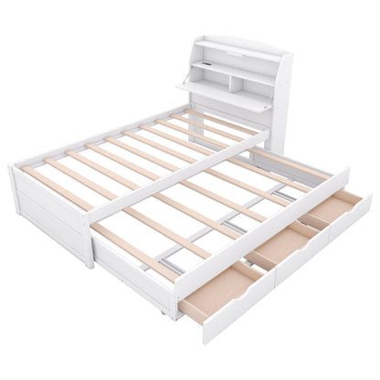 MERITLINE Twin Size LED Platform Bed with Trundle, Storage Drawers, and Bookcase Headboard in White - WoodArtSupply