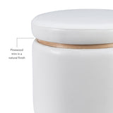 Linon Lexington White Faux Leather Round Storage Ottoman with Wood Accent Linon