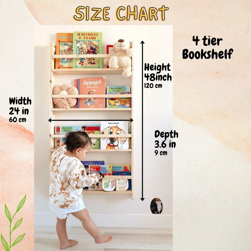 Handmade Solidwood Wall Mounted Montessori Kids Bookshelf, 4 Tier Book Display for Children Bedroom, Nursery Furniture Bookcase, Solid Wood Pine Tree Book Organiser for Living Room (White)