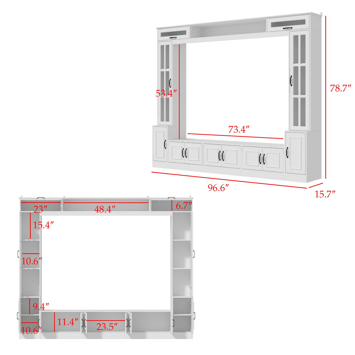 AIEGLE Glass Door Entertainment Center with Storage Bridge, Traditional Media Console Table Wall Unit with Shelves for 70 75 inch TV, TV Stand Set, White, 96.9”W AIEGLE