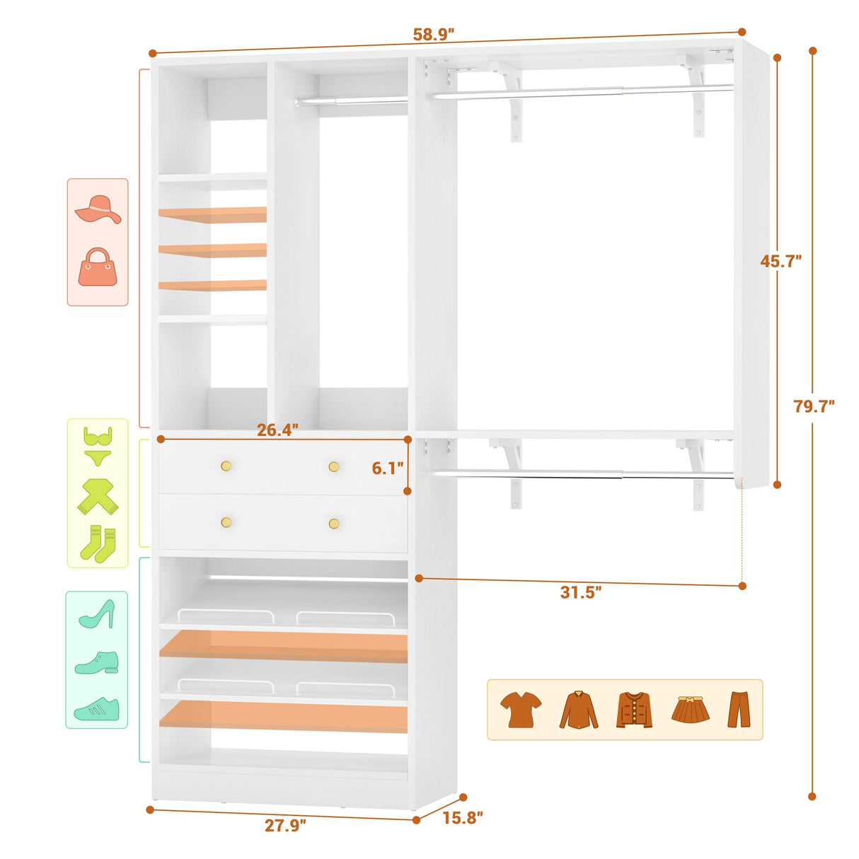 Besiost Closet System - 5FT Small Closet System with Drawers, 60" Closet Organizer System with Reversible Hanging Shelving, Closet Systems for Small/Walk-in Closets, White Besiost