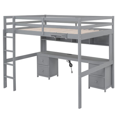 Full Size Loft Bed with Desk, Storage, Charging Station and Safety Features in Grey - WoodArtSupply