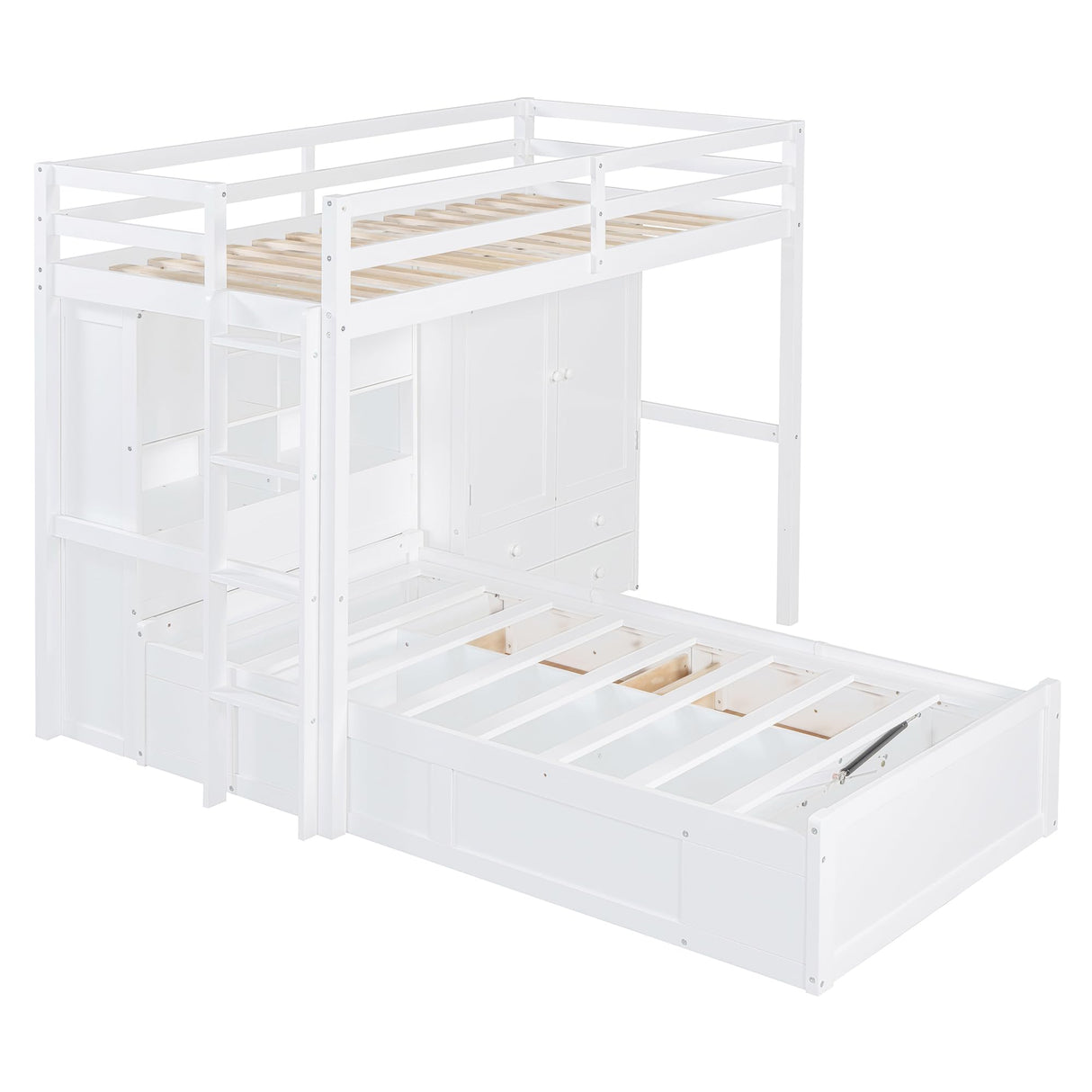 Merax Twin Bunk Bed with Drawers, Wood Twin Over Twin Bunk Bed with Wardrobe, Storage Shelves and Hydraulic Bed, White Merax