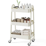SMUG 3 Tier Rolling Cart - Metal Utility Carts on Lockable Caster Wheels, Mobile Storage Shelves Organizer for Livingroom, Bathroom, Kitchen, Bedroom & Narrow Places, White SMUG