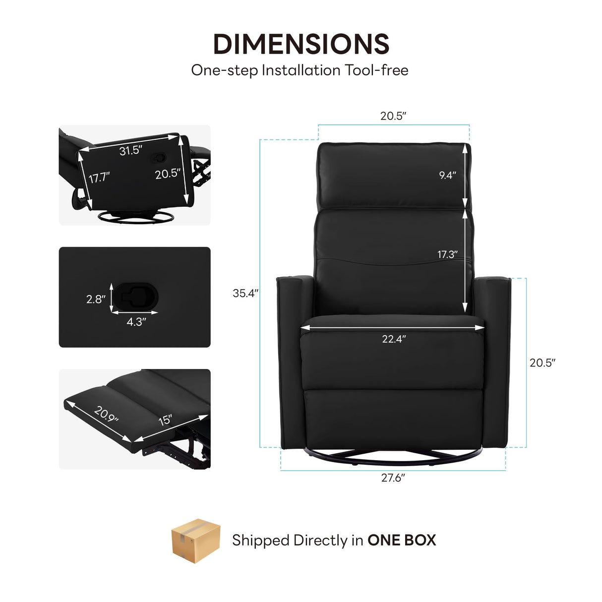 LIKIMIO Recliner Chair, 360° Swivel High-Back Faux Leather Rocking Chair with Upholstered Comfort, Single Sofa for Nursery, Living Room, Black LIKIMIO