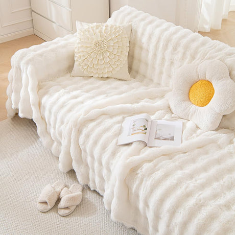 AMWAN Cozy Faux Fur Couch Cover Large Fuzzy Blanket for Sofabed,Loveseat Thick Cozy Shaggy Sofa Slipcover for Sectional,L Shaped Sofa Pets Multifunctional Throws Living Room Decor,Cloud White,71x134’’ AMWAN