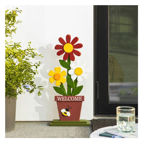 glitzhome 30 Inch Welcome Sign for Front Door Porch Standing, Outdoor Decor Wooden Trio Flowers with Welcome Sign for Patio Front Door Outside glitzhome
