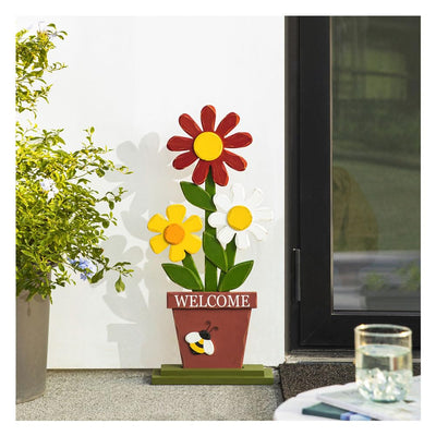 glitzhome 30 Inch Welcome Sign for Front Door Porch Standing, Outdoor Decor Wooden Trio Flowers with Welcome Sign for Patio Front Door Outside