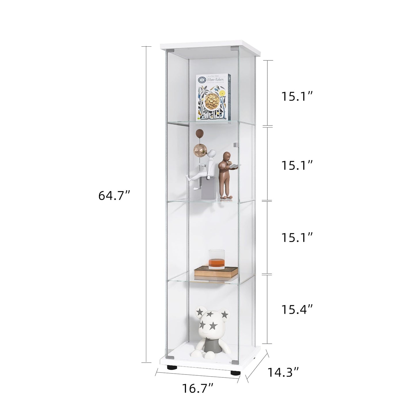 Yoluckea Glass Cabinet, 4 Shelves Glass Display Cabinet with Door, Curio Cabinet Collection Glass Display Case for Home Office, Floor Standing Bookshelf Corner Cabinet for Book, Toys, Glory (White)