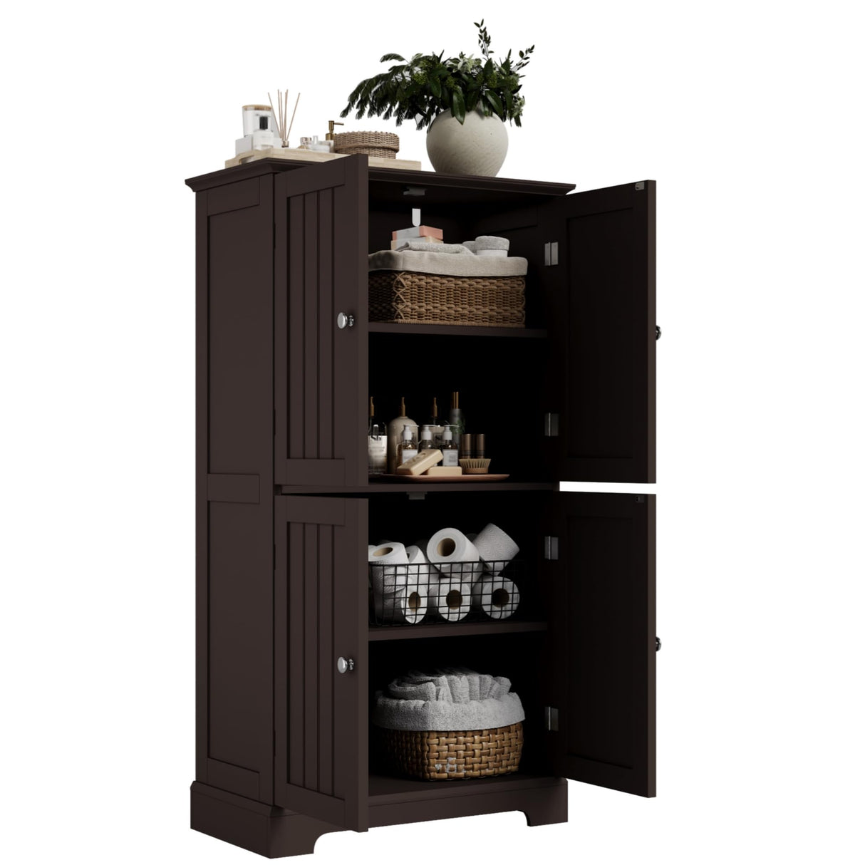 ChooChoo Bathroom Floor Cabinet, Modern Bathroom Storage Cabinet with 4 Doors and Adjustable Shelves, Freestanding Cupboard for Living Room, Espresso ChooChoo