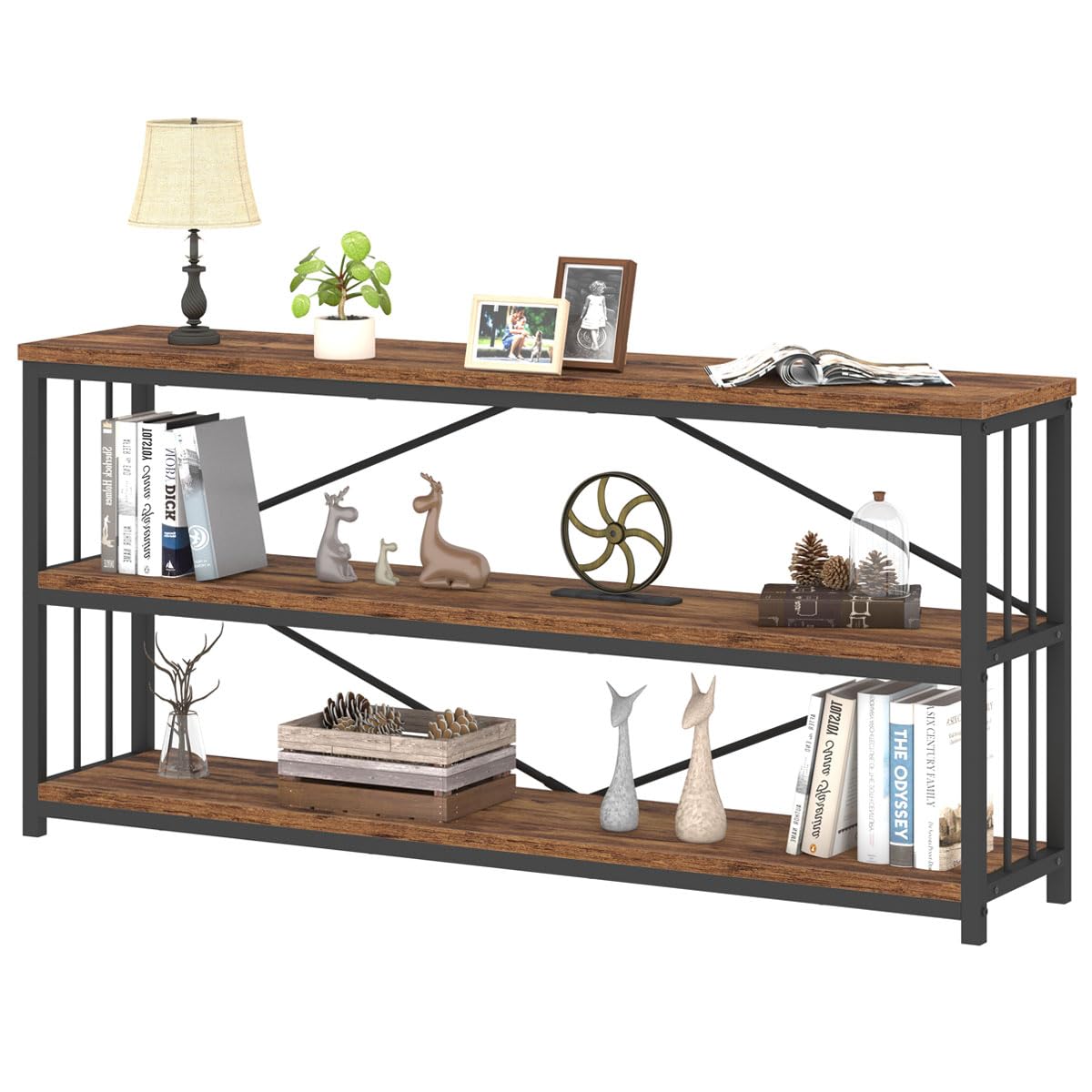 IBF Low Rustic 3 Tier Bookshelf, Industrial Horizontal Wood Bookcase, Farmhouse Long Wide Open Metal Etagere, Modern Large Vintage Book Shelf for Home Office Bedroom Living Room, Rustic Brown, 63 Inch IBF