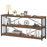 IBF Low Rustic 3 Tier Bookshelf, Industrial Horizontal Wood Bookcase, Farmhouse Long Wide Open Metal Etagere, Modern Large Vintage Book Shelf for Home Office Bedroom Living Room, Rustic Brown, 63 Inch IBF