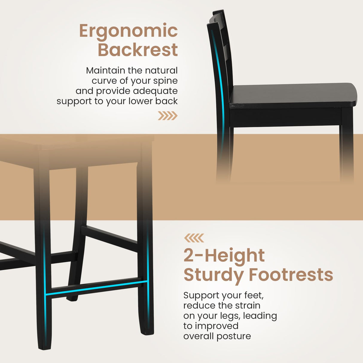 COSTWAY Wooden Bar Stools Set of 2, 24-Inch Counter Height Stools with Ergonomic Backrest & Footrest, Farmhouse High Dining Chairs for Kitchen COSTWAY