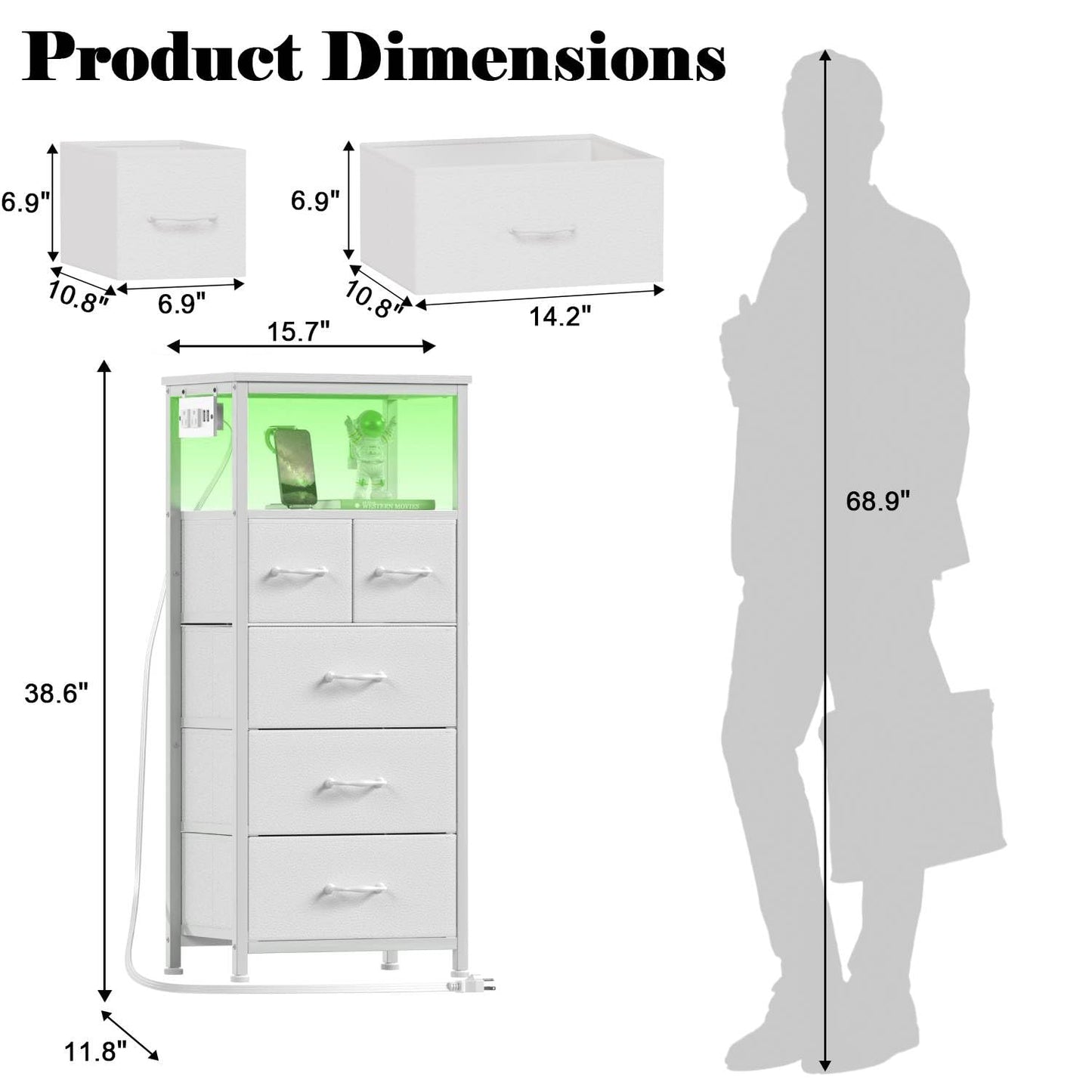 Furnulem Tall Nightstand with 5 Fabric Drawers, White Dresser for Bedroom with LED Lights and Charging Station, Vertical Bedside Table for Hallway, Entryway, Wood Top, Living Room Furniture - WoodArtSupply