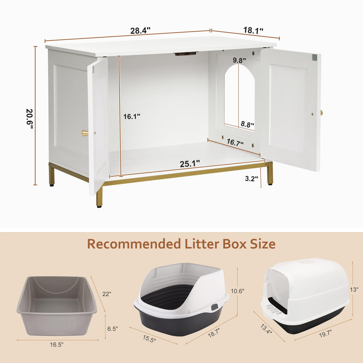 Homhedy Cat Litter Box Enclosure, Litter Box Furniture Hidden with Metal Frame, Cat Washroom Furniture, Cat House, Fit Most of Litter Box, Modern Style, White and Gold Homhedy