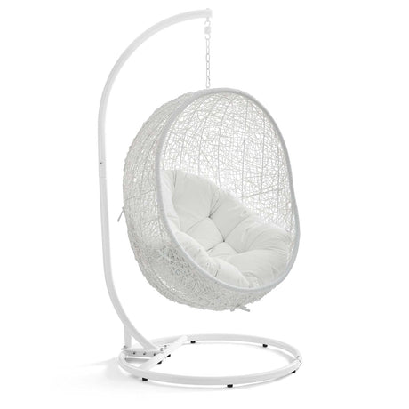 Modway Hide Wicker Rattan Outdoor Patio Porch Lounge Egg Swing Chair Set with Stand in White Modway