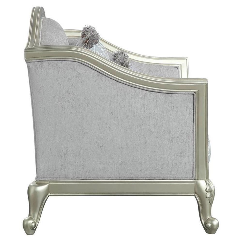 Acme Qunsia Sofa with 5 Pillows in Light Gray Fabric and Champagne Acme